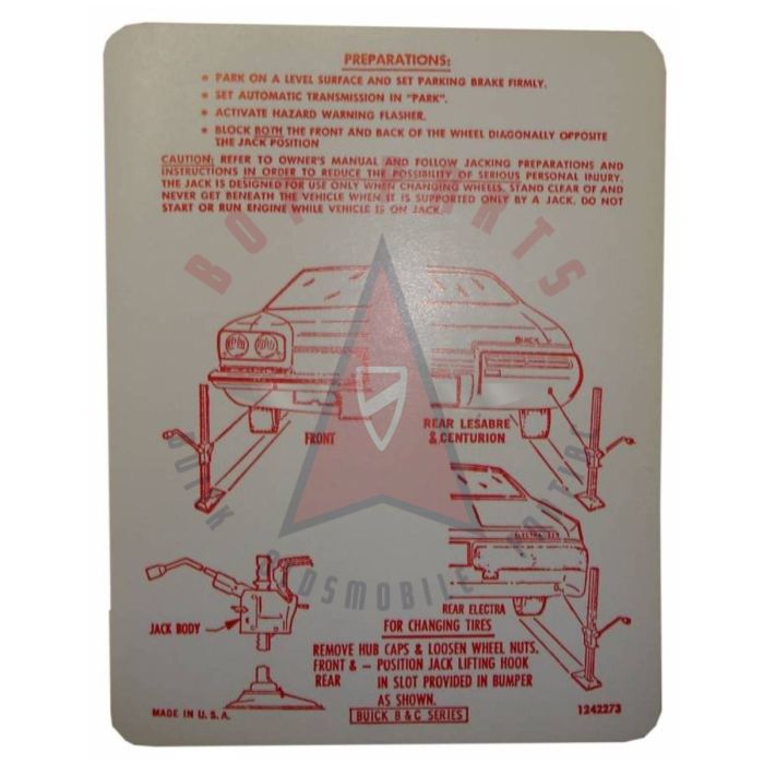 1973 Buick Electra, Le Sabre, and Centurion Jacking Instruction Decal 