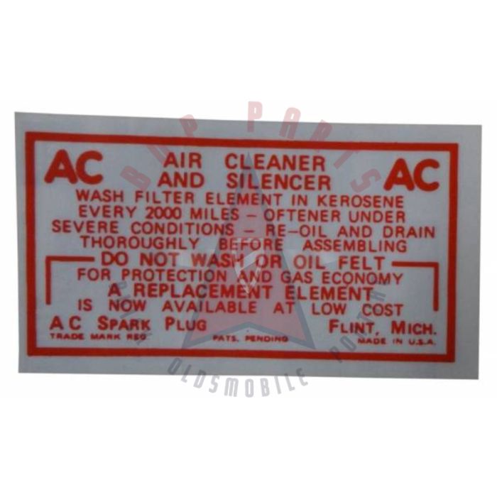 1949 1950 1951 1952 1953 1954 1955 1956 Oldsmobile Dry Style Air Cleaner Service Instructions Decal