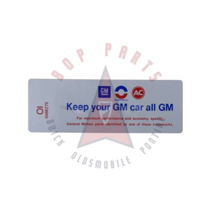 
1970 Oldsmobile V8 Engine (4 Barrel Carburetor) Air Cleaner Decal "Keep Your GM Car All GM"
