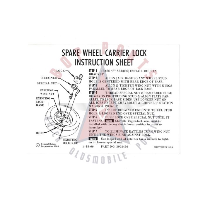 1966 1967 1968 1969 Pontiac Spare Wheel Lock Instruction Decal 