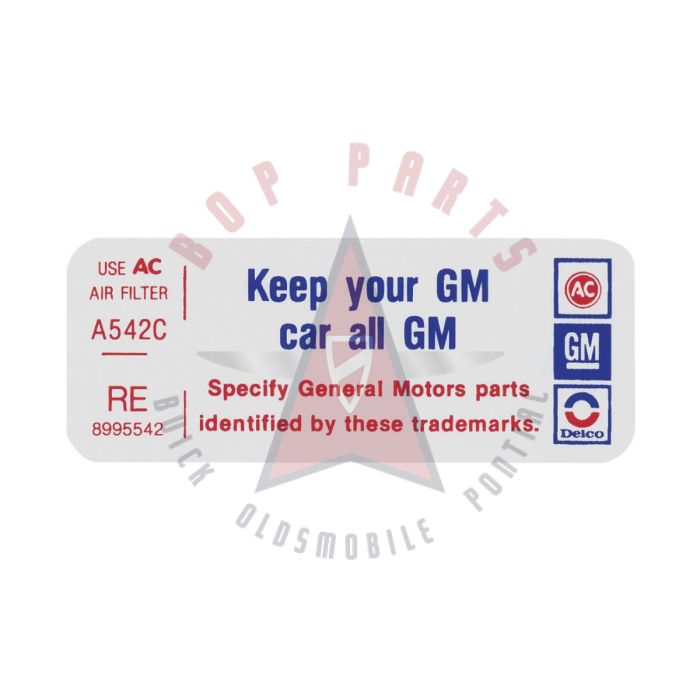 1977 Pontiac V8 Engine (2 Barrel Carburetor) Air Cleaner Decal "Keep your GM Car All GM" 