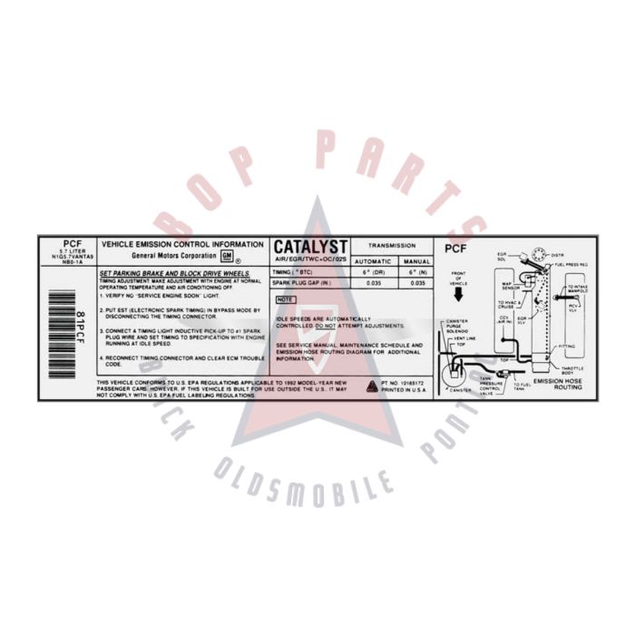 1992 Pontiac Firebird 5.7 Liter Engine Models WITH Automatic or Manual Transmission (See Details) PCF Emission and Hose Routing Decal 